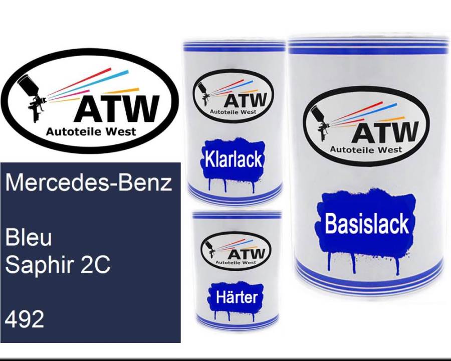 Mercedes-Benz, Bleu Saphir 2C, 492: 500ml Lackdose + 500ml Klarlack + 250ml Härter - Set, von ATW Autoteile West.